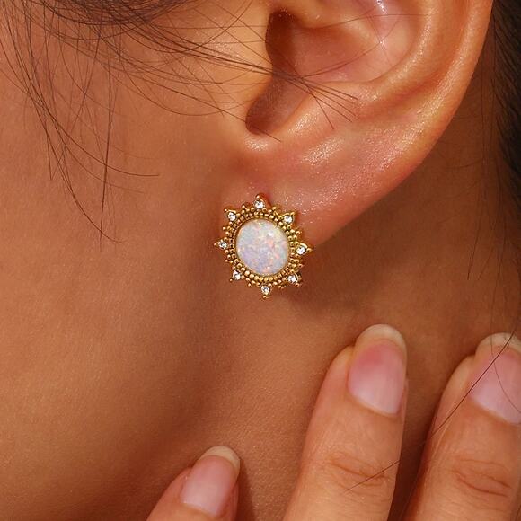 White Opal Sun Stud Earrings 18K Gold Plated Stainless Steel - Picture 2 of 7
